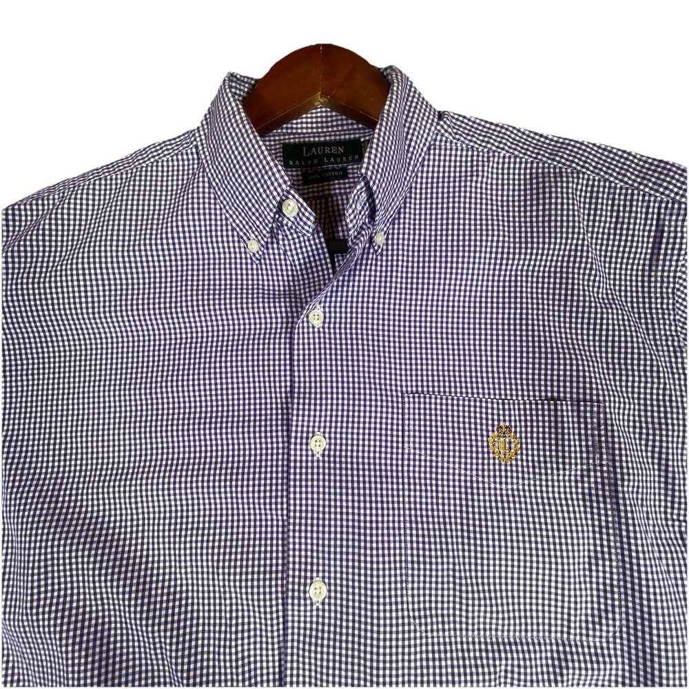 Ralph Lauren Shirt Mens Medium Purple Gingham Check Short Sleeve ‎ Cotton Summer